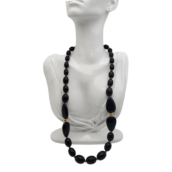 Napier Jewelry - Napier Black & Gold Beaded Necklace Acrylic Graduated‎ Barrel Beads MCM 1960s